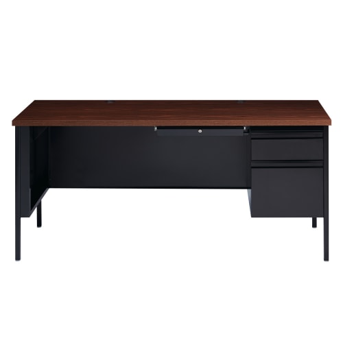 Hirsh Right-Hand Single Pedestal File Office Desk with Center Drawer, 30" D x 66" W, Black / Walnut